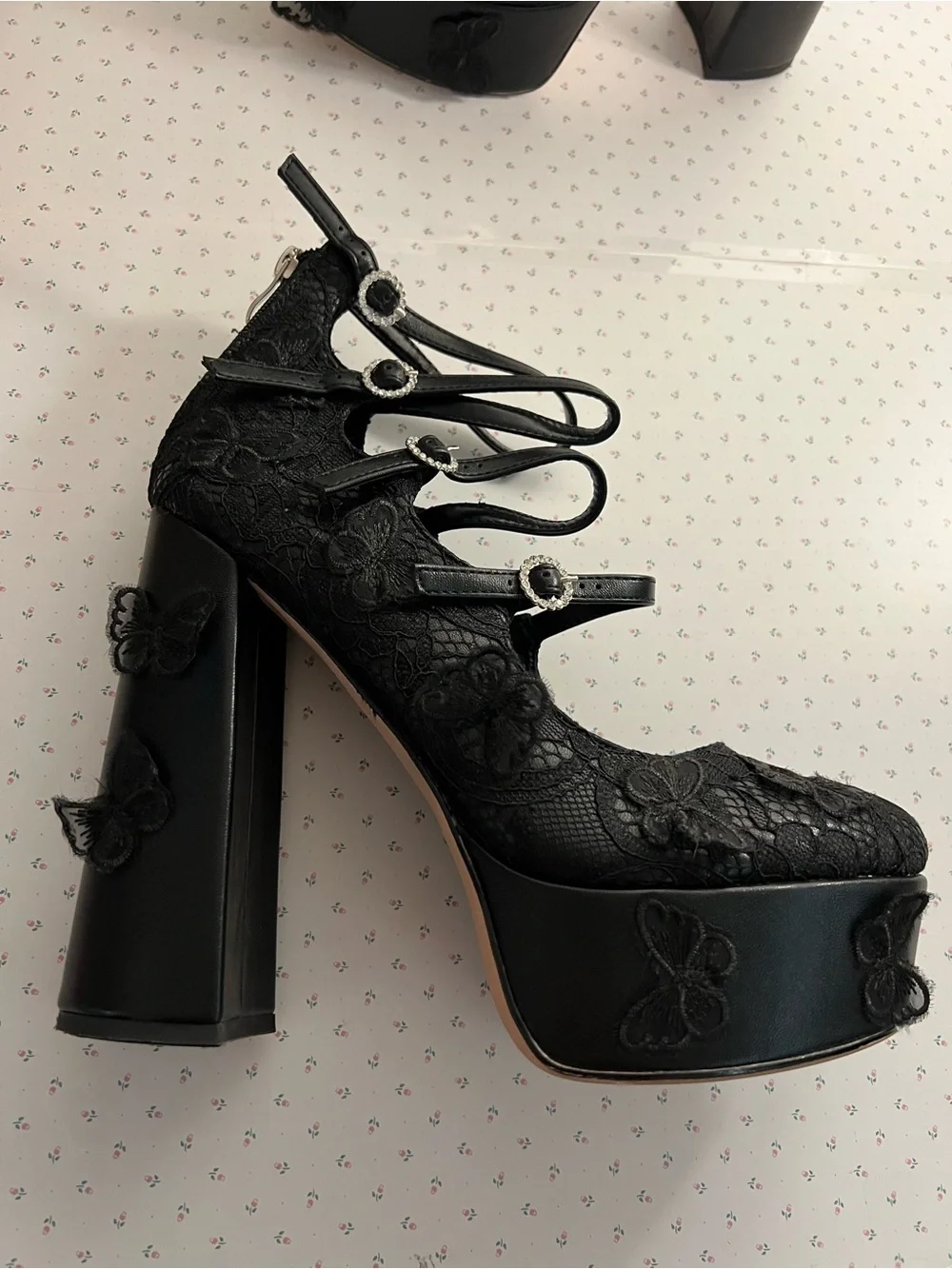 Black Lace Butterfly Platform Heels Mary Jane Chunky Rhinestone Strap Goth Whims